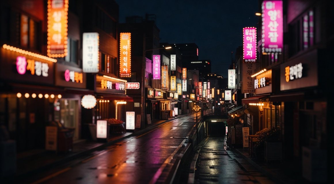 한쪽은 밝고 한쪽은 어두운 갈림길 야경 — 밤의민족 접속 환경별 차이