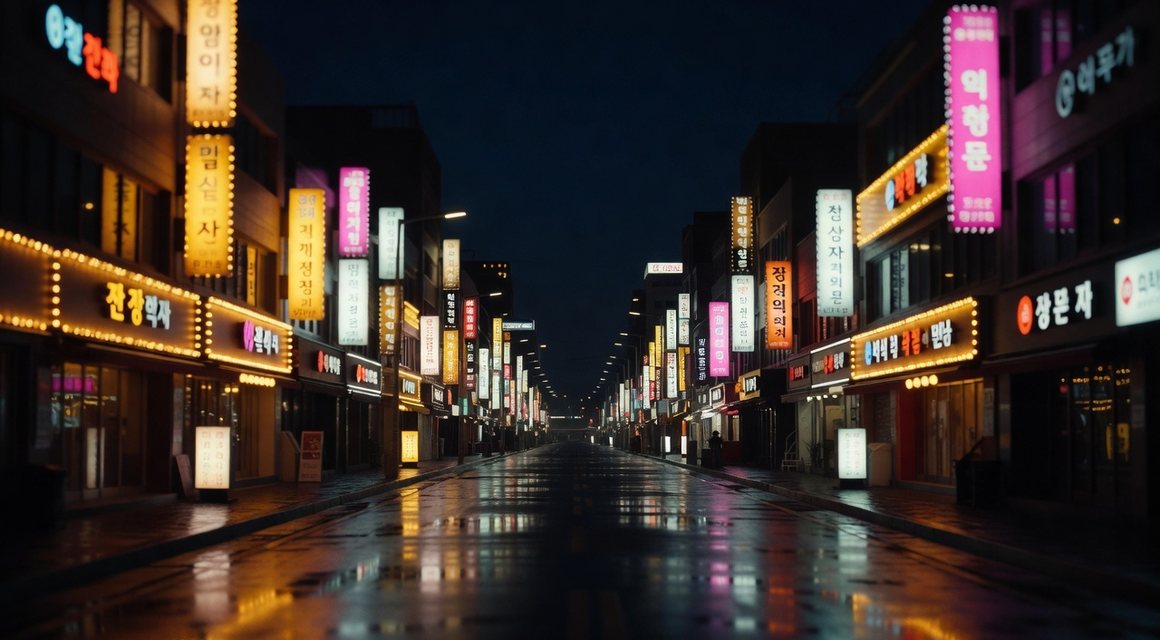 앞쪽은 밝고 먼 쪽은 꺼진 긴 거리 야경 — 밤의민족 최신주소 확인