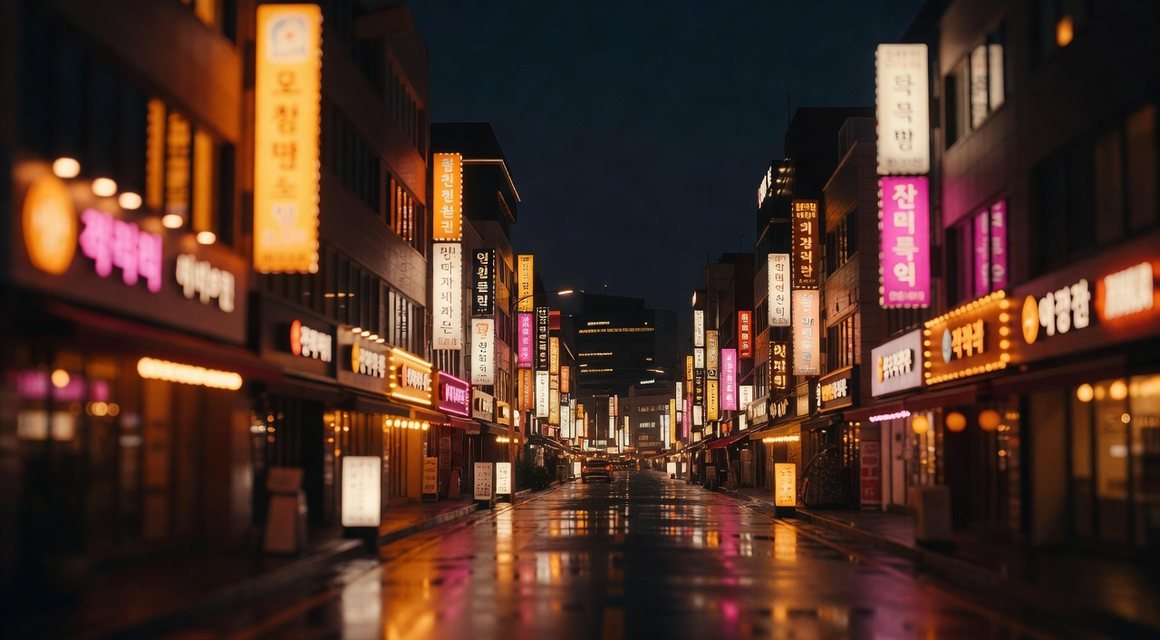 한밤의 번화가 야경 — 늦게까지 이어지는 권역