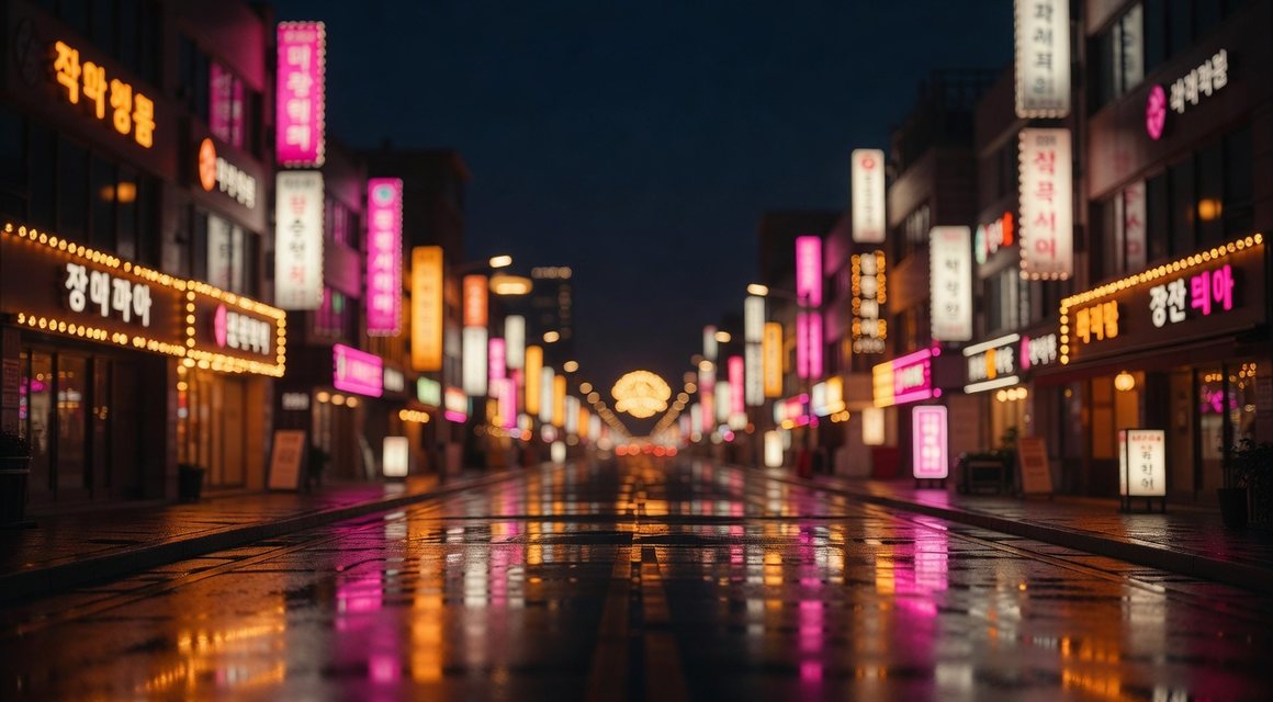 양쪽으로 간판이 쌓인 넓은 유흥가 거리 야경 — 밤의민족 접속·최신주소 안내
