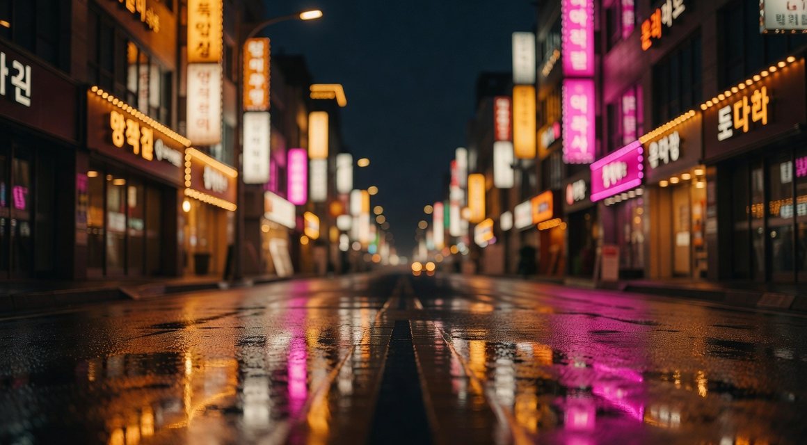 젖은 노면에 앰버와 마젠타가 길게 반사된 거리 — 밤의민족 최신주소